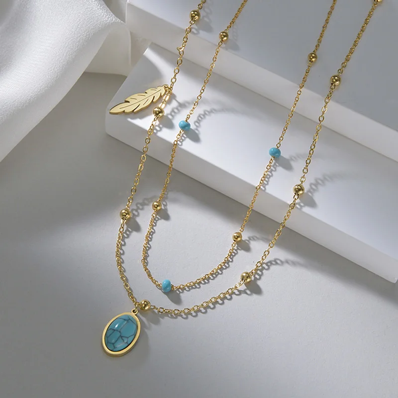 

Exquisite Oval Natural Stone Layered Pendant Necklace Stainless Steel Bohemia feather leaves Party Necklace For Women Jewelry