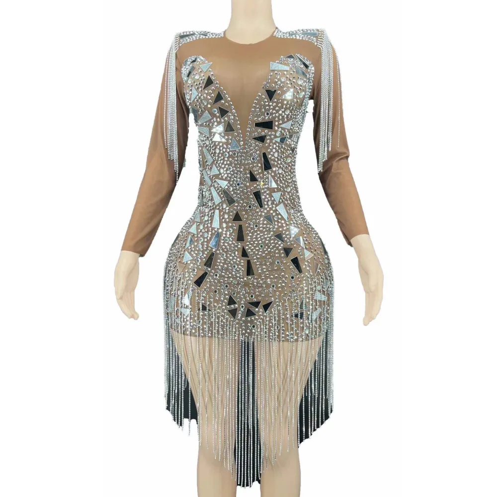 

Brown Shining Mirror Sequins Rhinestones Tassel Sexy Dress For Women Nightclub Party Clothing Singer Stage Prom Costumes