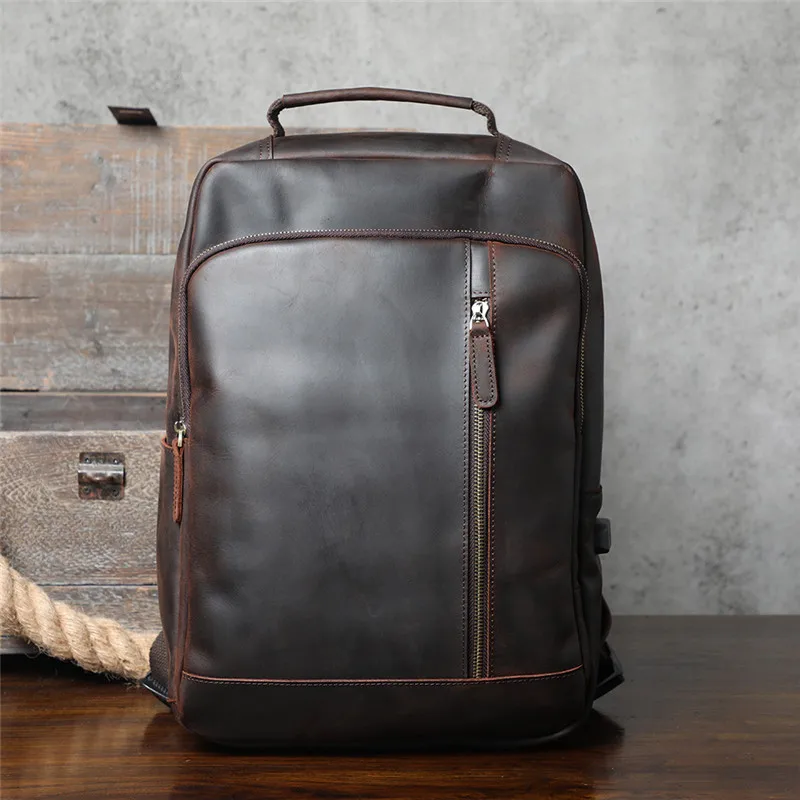 Vintage crazy horse cowhide men's large capacity backpack outdoor travel luxury genuine leather bookbag casual big bagpack
