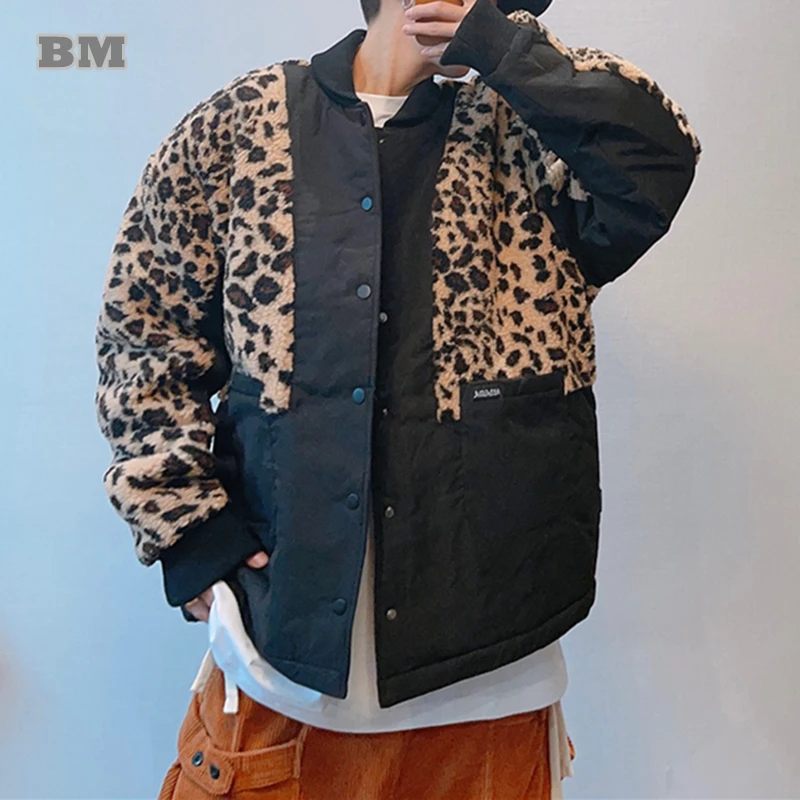 

Winter Fashion Hip Hop Patchwork Leopard Grain Parkas Kpop Korean Streetwear Thick Baseball Jacket Men Clothing Harajuku Coats