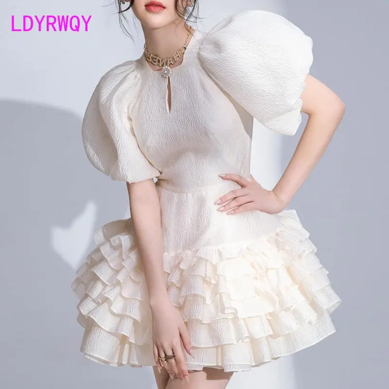 

Vietnamese Dress Women's Jacquard Bubble Ruffle LOOSE Knee-Length