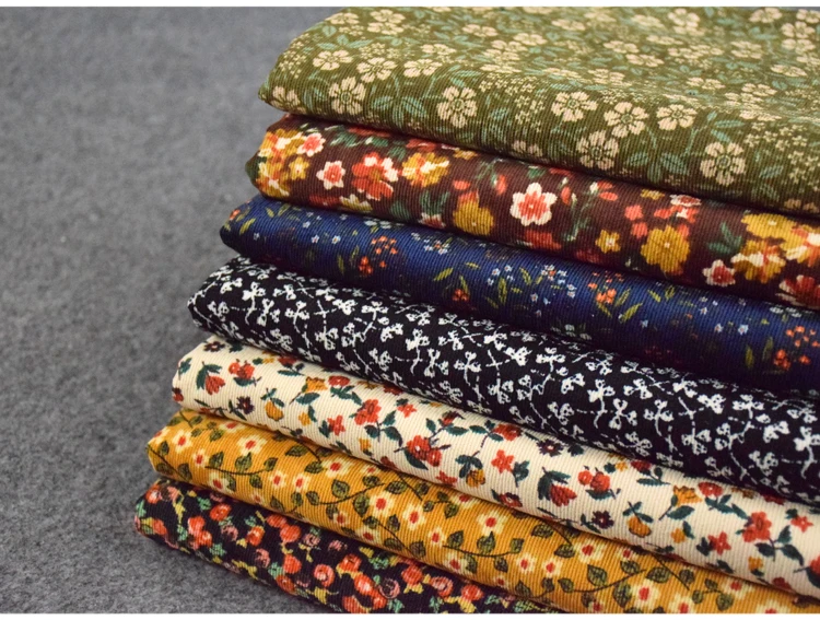 

Corduroy Fabric Printed By The Meter for Clothes Dresses Coats Sewing Polyester Drape Soft Black Thick Winter Small Floral Cloth