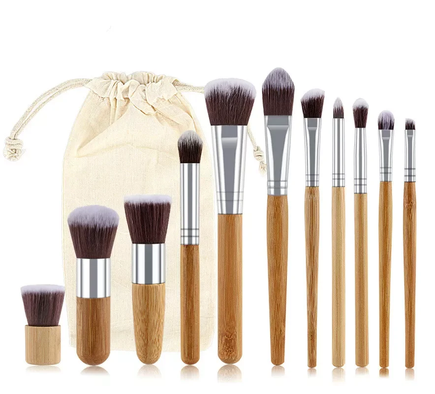 

11pcs Natural Bamboo Handle Makeup Brushes Set High Quality Foundation Blending Cosmetic Make Up Tool Set With Cotton Bag