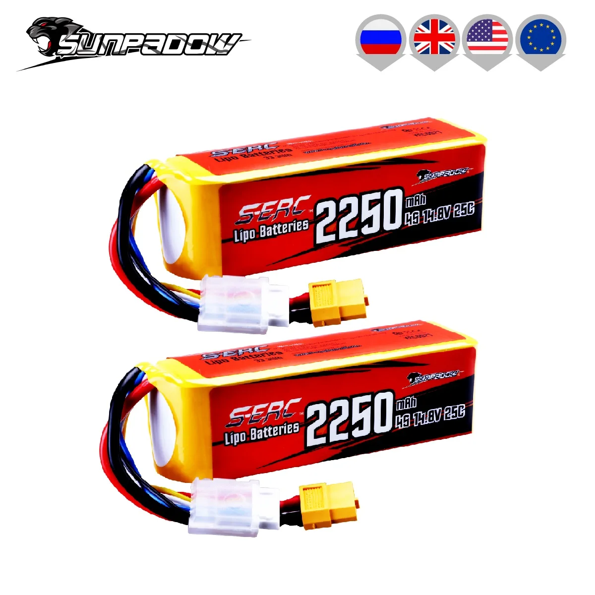 Аккумулятор Sunpadow 4S Lipo 2250 мАч 14,8 в 25C с разъемом XT60 для радиоуправляемого самолета квадрокоптера дрона FPV вертолета лодки гоночного хобби