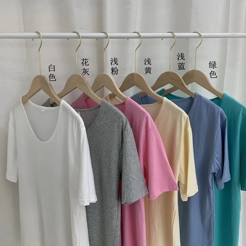 

Однотонная футболка с коротким рукавом женский топ с U-образным вырезом свободная большая женская футболка P3 927