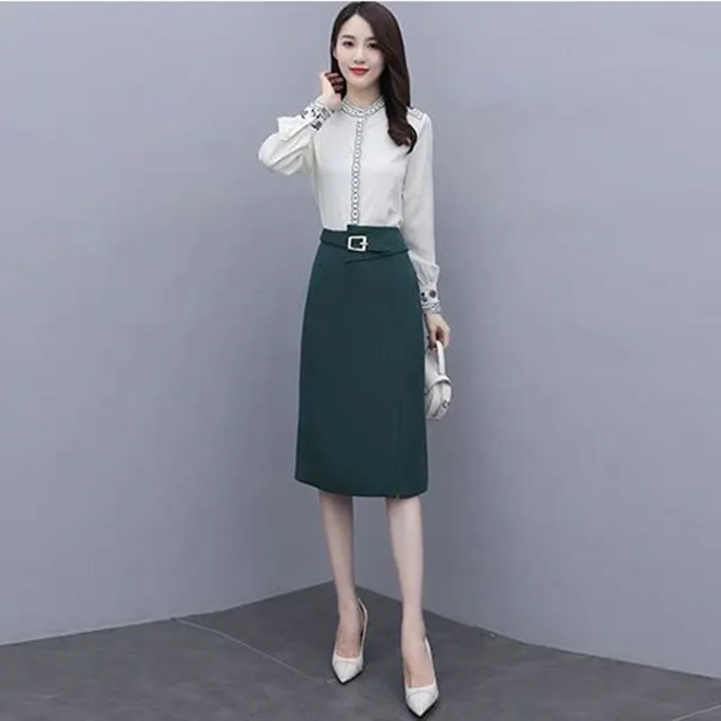 2023 Korean Popular Spring New Vintage Printed Chiffon Shirt Slim Skirt Two-piece Elegant Women's Skirt Suit Office Outfits