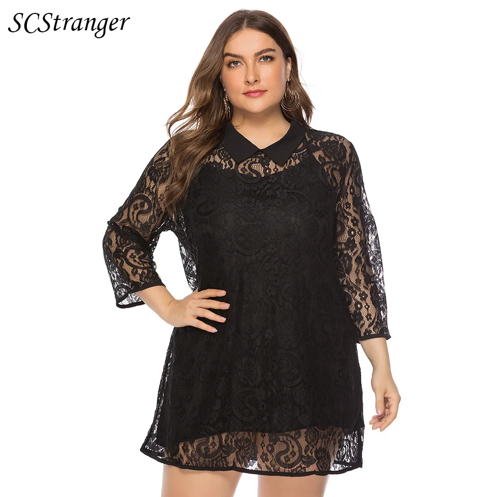 

2022 Summer Plus Size Dress Women Clothing Two Piece Sets Sexy Lace Stitching Lapel Womens Seven Quarter Sleeve Mini Dress
