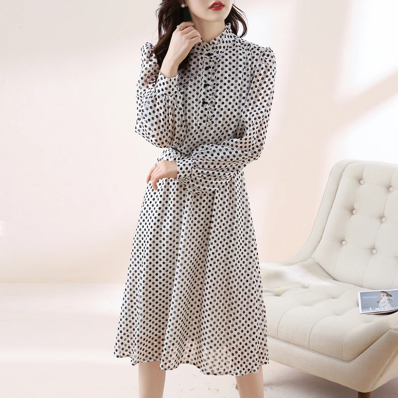 

High Street DOT Dresses for Women 2022 New In Korean Casual Puff Sleeves High Waist O-Neck Dress Long Sleeve Fashion Clothing