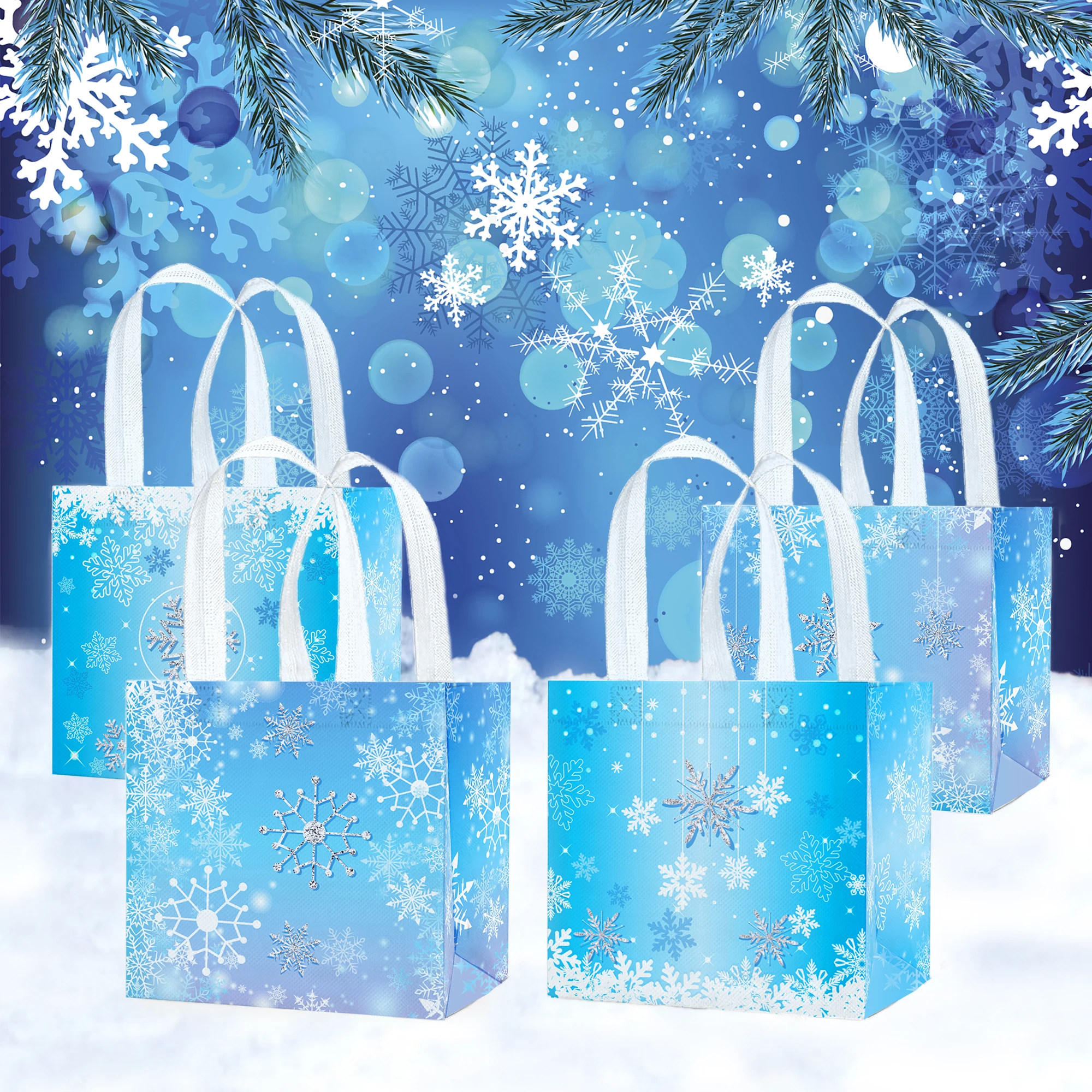 

WFF011 4Pcs Blue Winter Snowflake Christmas Birthday Party Souvenir Packing Bag Non-woven Gift Bags New Year Xmas Party Supplies