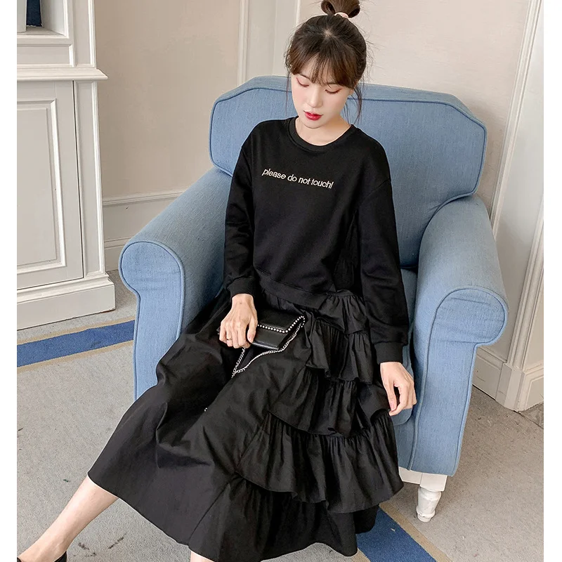 Весеннее женское свободное повседневное платье с круглым вырезом и длинными