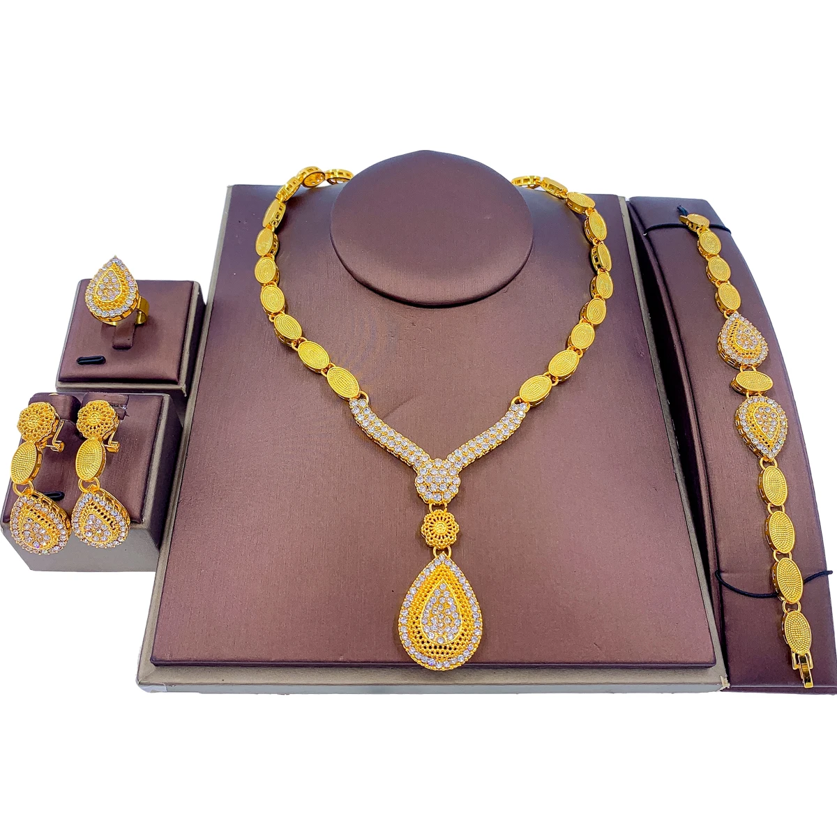 

African Water Drop Pendant Necklace Bracelet Earrings Ring Nigerian Jewelry Sets for Women Crystal Wedding Accessories
