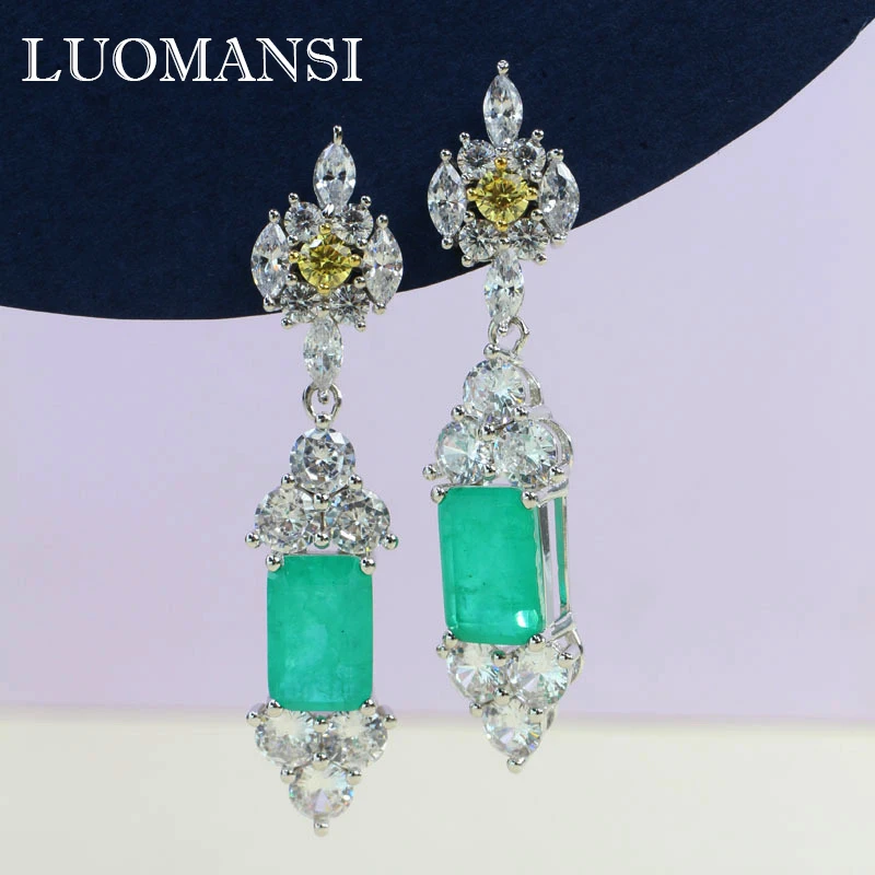 

Luomansi 8*11 мм Параиба турмалиновые длинные серьги S925 Серебряные женские ювелирные изделия Свадебная вечеринка памятный подарок