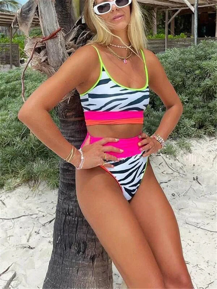 

2023 Sexy Bikini Set Zebra Striped Swimsuit High Waist Bikini Biquini Beachwear Swimwear Spaghetti Strap Women Bathing Suit B778