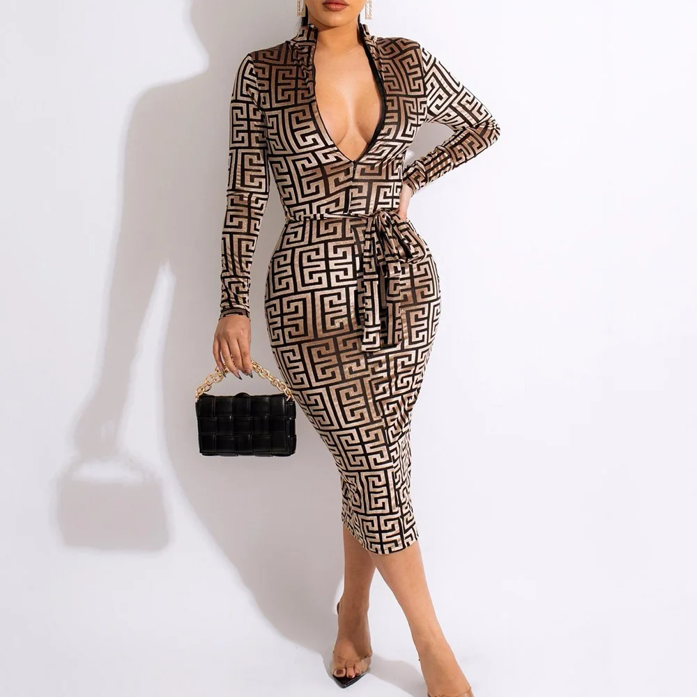 

V-Neck Lace-Up Mid-Calf Pullover Women's Dress Elegant Printing Slim Sexy Commute Office Female Dress Ladies Clothing