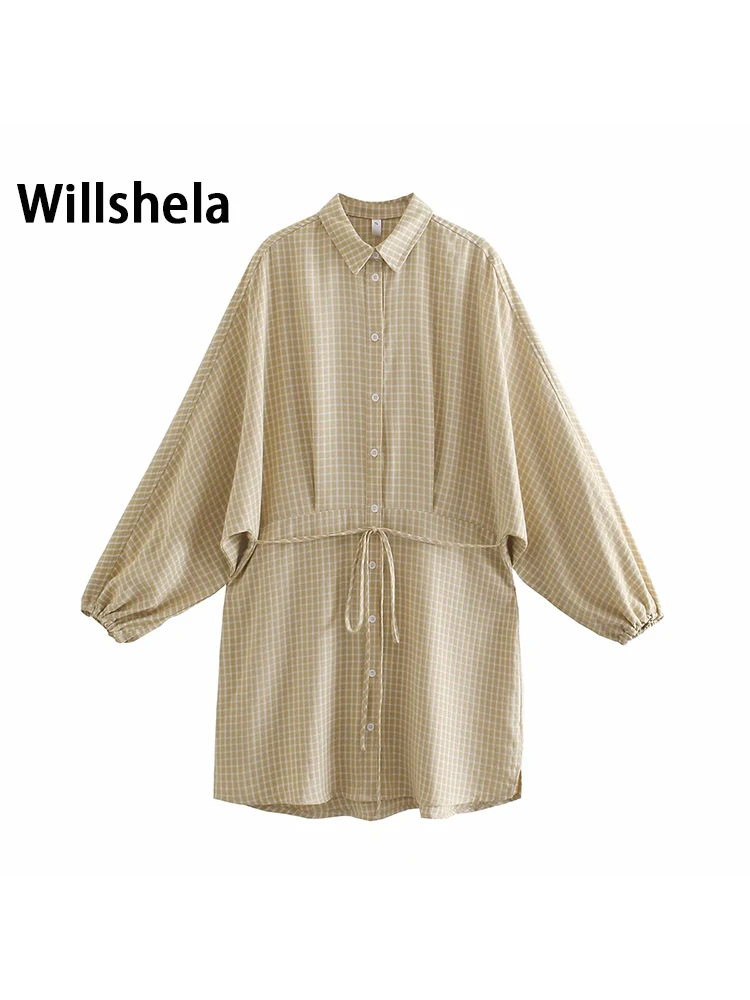 

2021 Women Fashion Shirt Dress with Waist rope Long Wide Sleeves Vintage Chic Lady Casual Plaid Short Dresses Woman Robe
