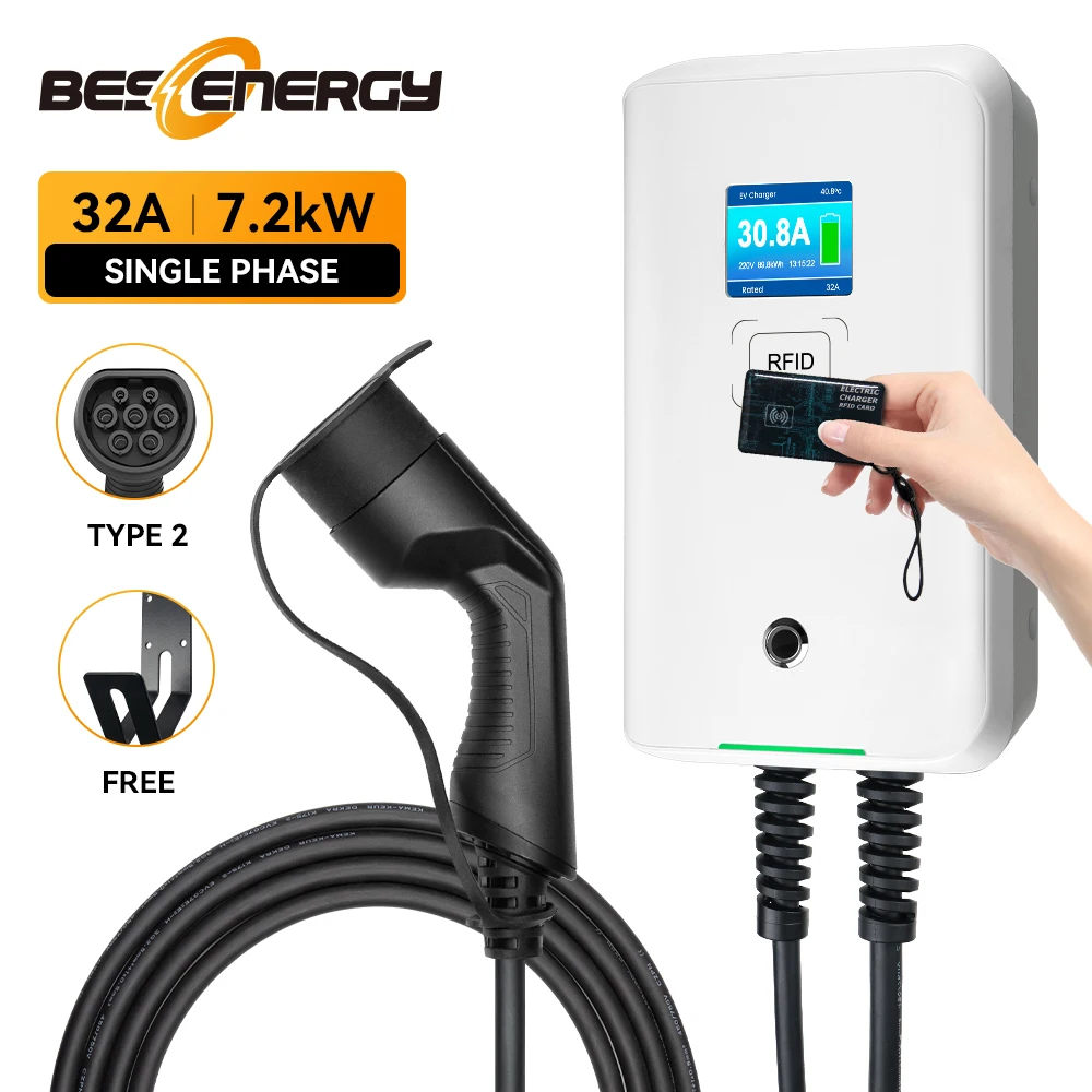 

Ev Charger Type 2 EVSE Wallbox Electric Car Charging Station With RFID 32A IEC 621962 Type 2 Plug 20 Feet Cable 7KW Single Phase