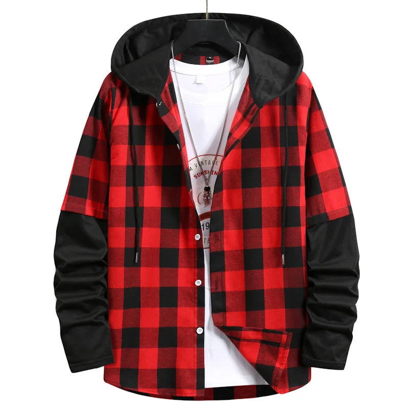 

LUCLESAM Men Plaid Splicing Hoodie Mens Fashion Streetwear Classic Flannel Long Sleeve Hooded Shirts sudaderas hombre