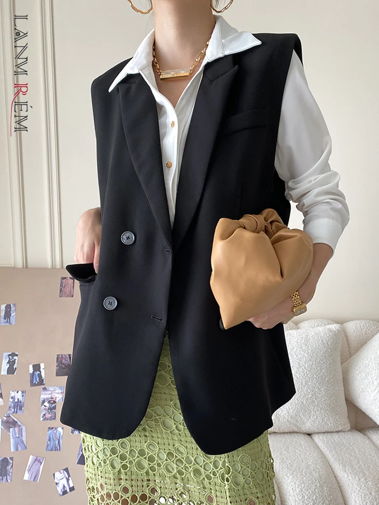 

LANMREM Casual Solid Sleeveless Vest Coat For Women Notched Collar Double Breasted Female Autumn Versatile New Clothing 2AA1044