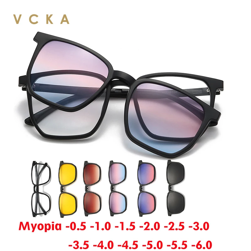 Фото Солнцезащитные очки VCKA 6 в 1 с поляризацией для коррекции миопии, большие оправы, унисекс, с градиентными линзами, магнитные клипсы, индивидуальные диоптрии от -0.5 до -10 №1