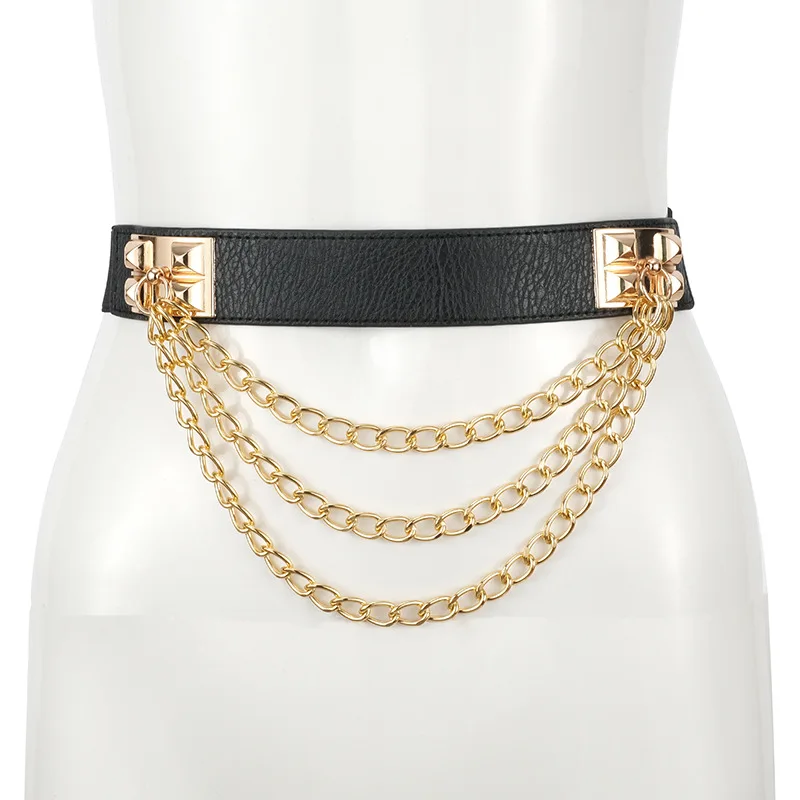 Multilayer Gold Metal Chains Women Belt Black PU Leather Elastic Wide Waist Straps Punk Rivet Belts Suit Decor Dress Waistbands