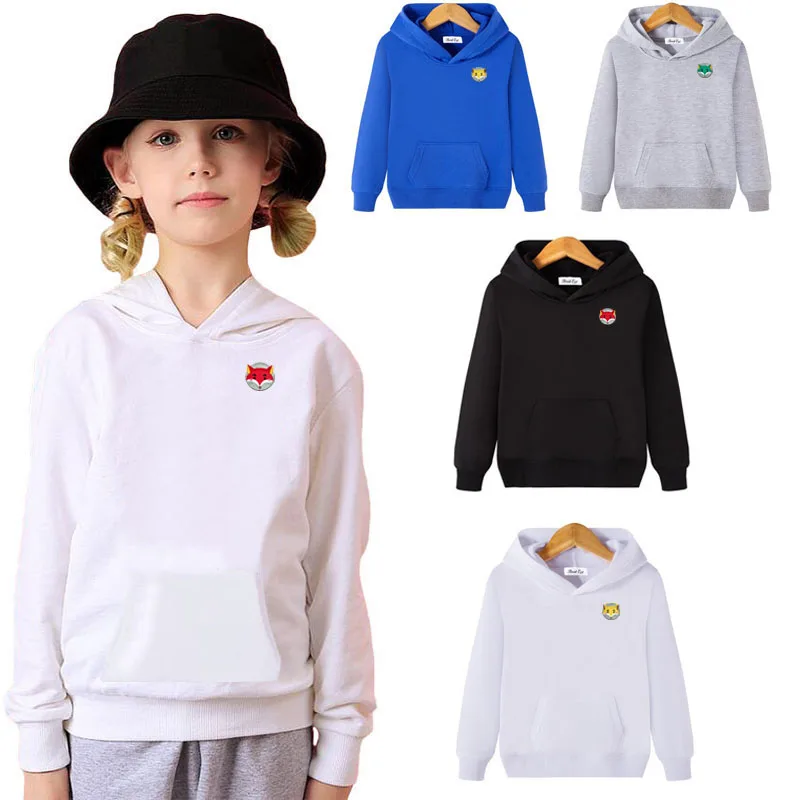 

Толстовка с капюшоном для мальчиков и девочек, плотный пуловер с вышивкой в виде головы лисы из мультфильма, однотонный Детский Повседневный свитер с карманами-кенгуру на весну и осень