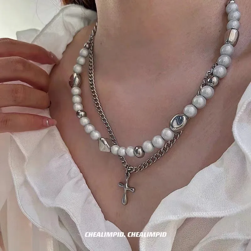 

Coconal Women Trendy Goth Hip Hop Men Double Layer Pearl Cross Bead Choker Chain Necklace For Fashion Korean Party Gift Jewelry
