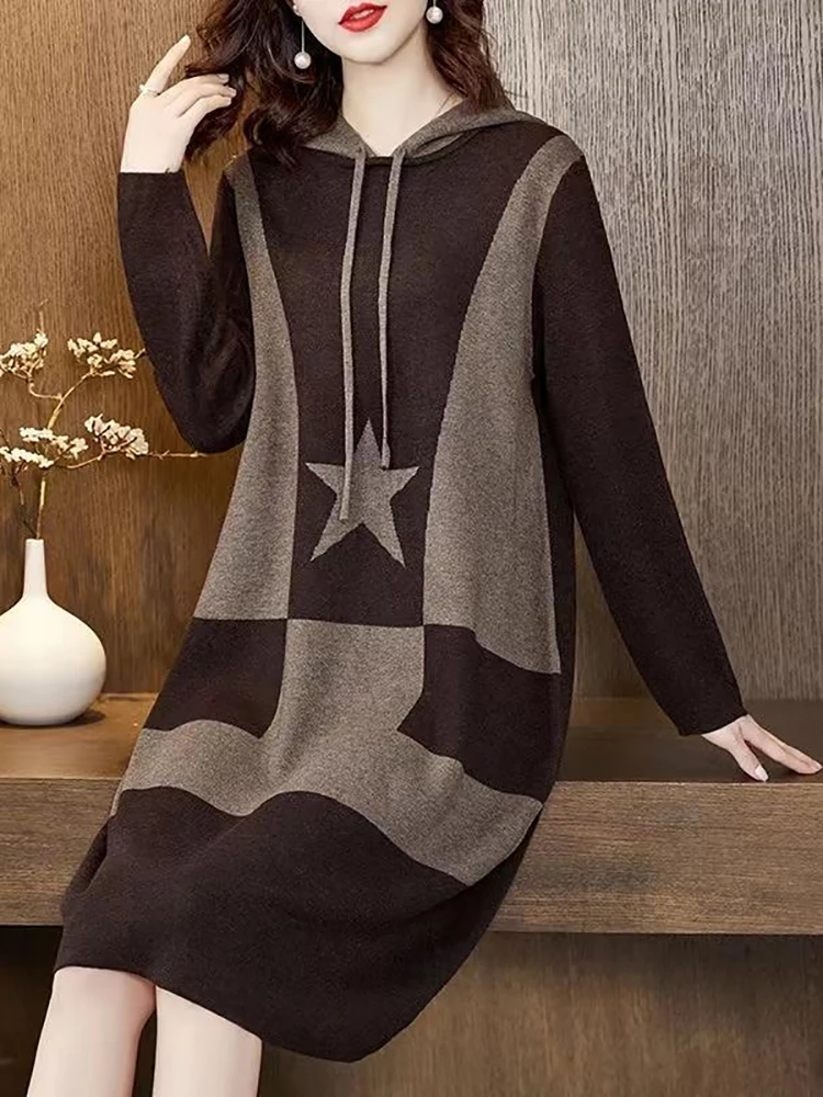 

Autumn Winter Print Knitted Woolen Thick Warm Pullovers Women Long Sleeve Hooded Sweaters 2023 Korean Fashion Elegant Sweaters
