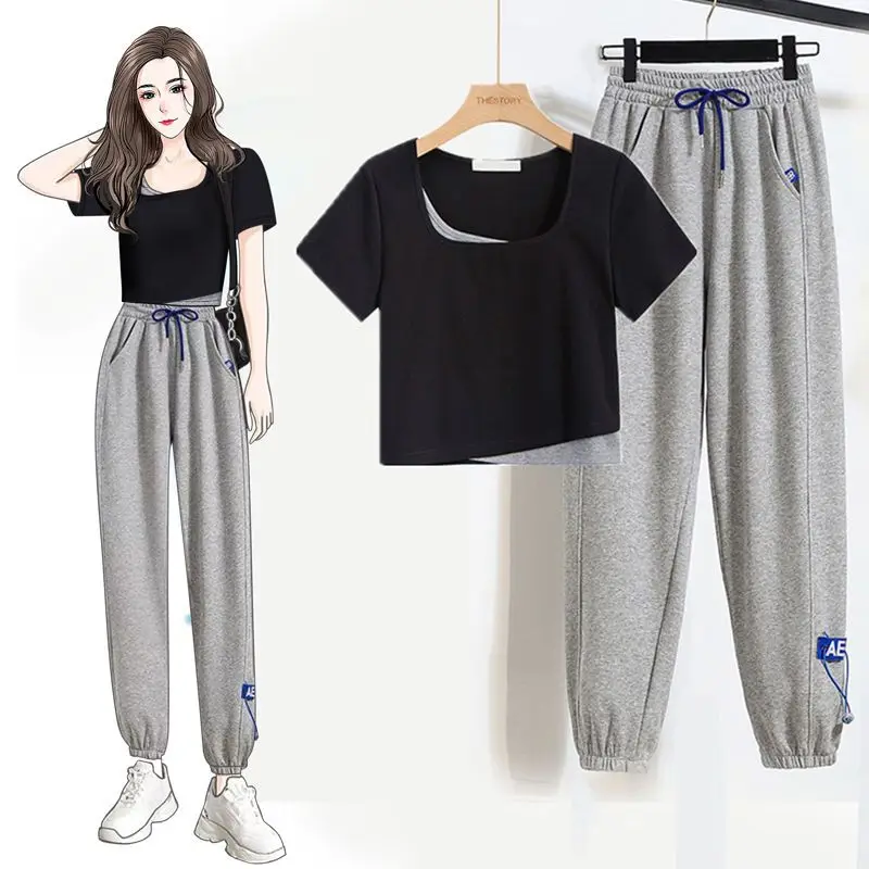 

2023 Single / Set of Casual Gray Sweatpants Female Loose Legging Sweatpants Spring and Summer New T-shirt Short-sleeved Tops Y2K