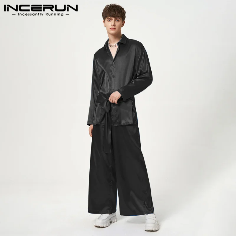 

INCERUN 2023 Stylish New Mens Party Shows Suits Long Sleeve Shirts Pants Fashion Male Solid All-match Suede Two Piece Sets S-5XL