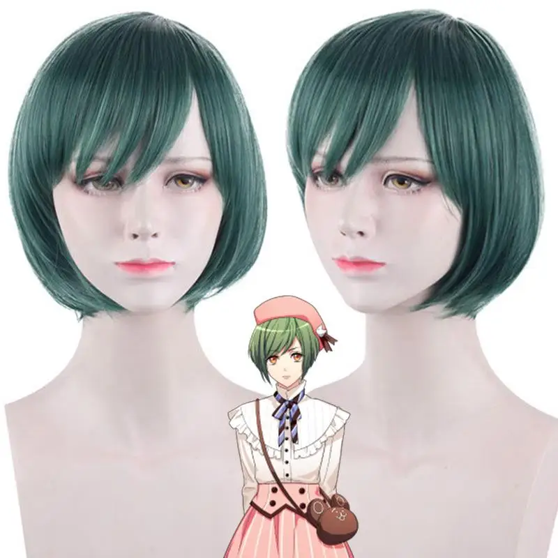 12-дюймовая короткая прямая челка зеленый синтетический парик для праздника