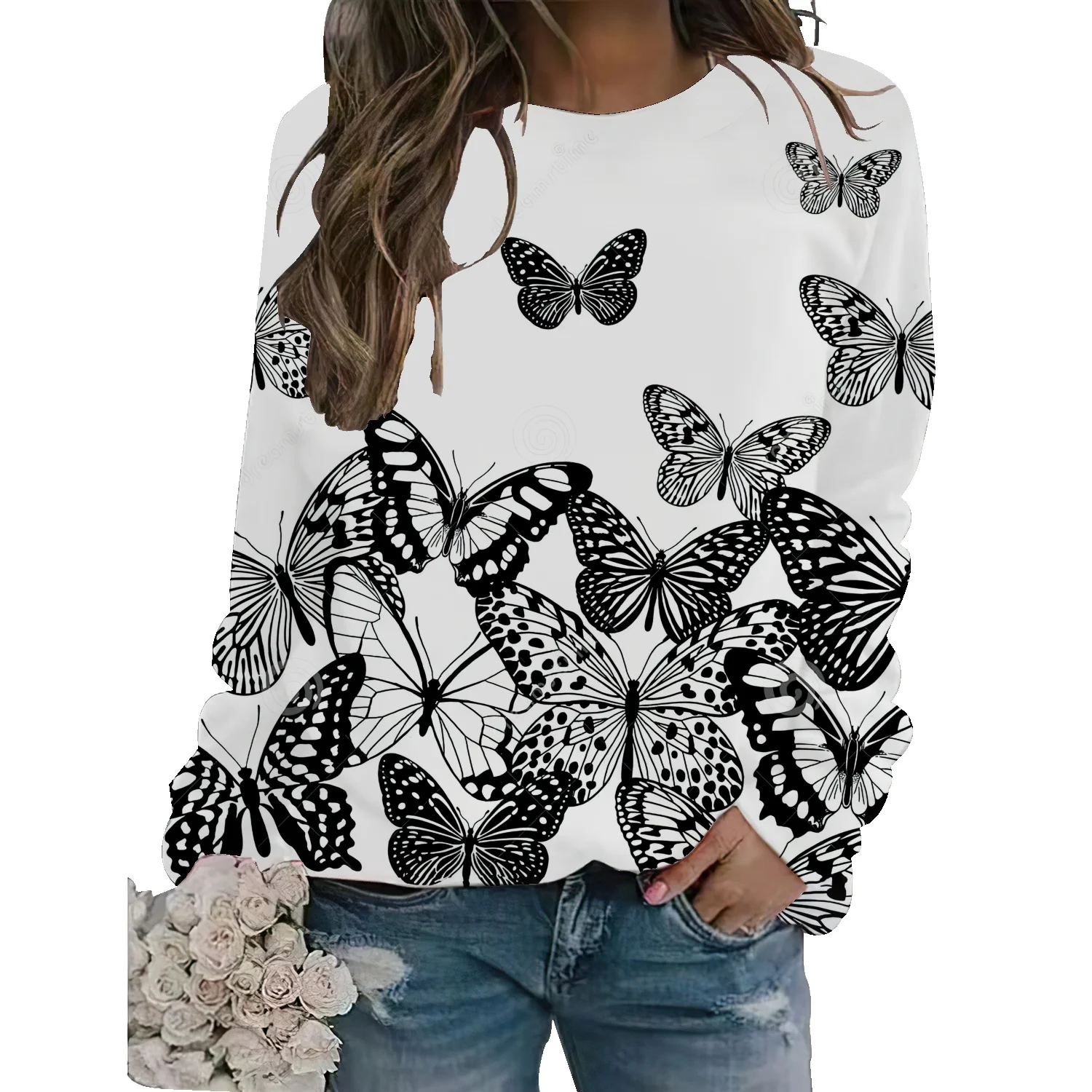 

Ins super hot sweater women's spring and autumn oversize round neck student thin coat butterfly print trendy loose and lazy top