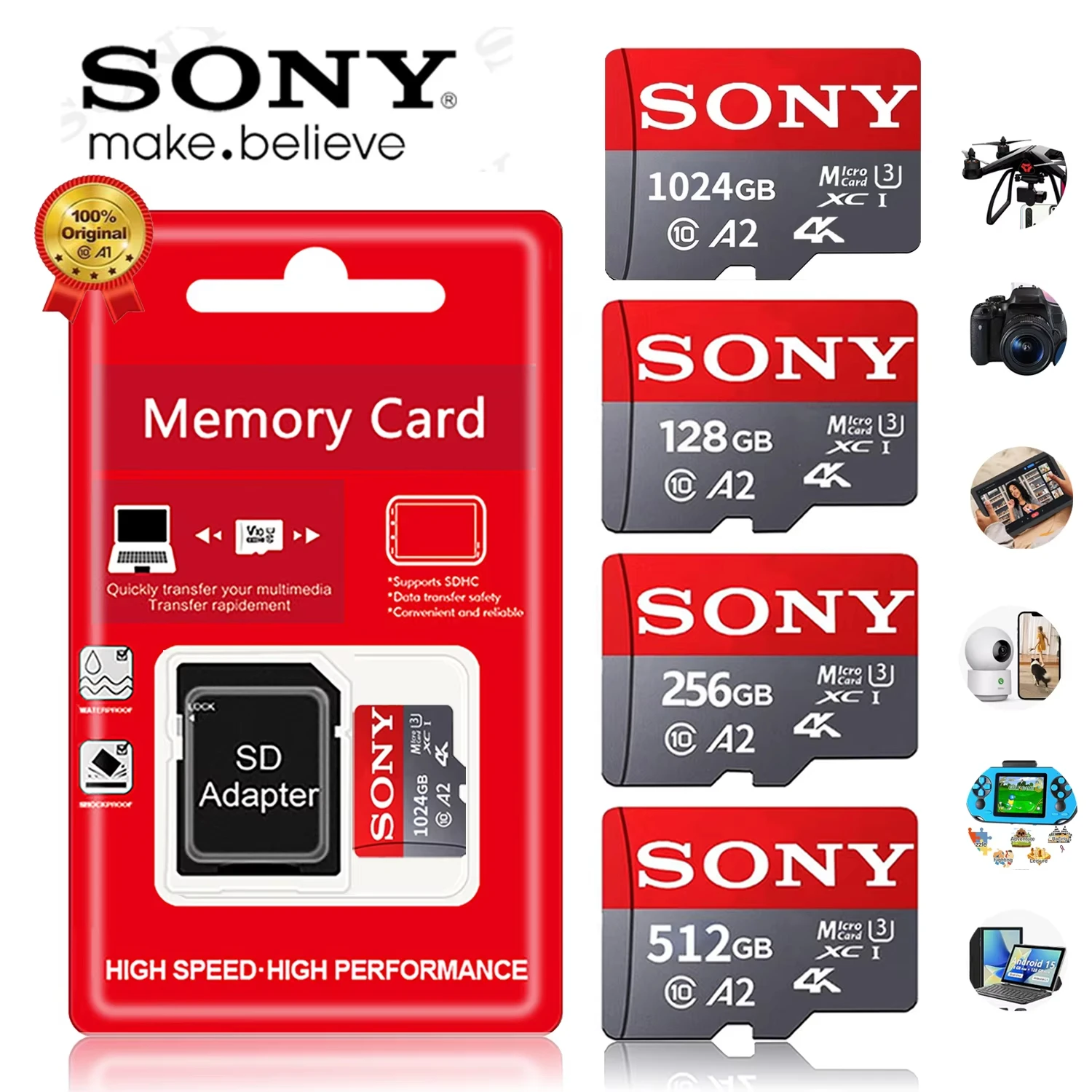 【Sony Official】 512 GB/256 GB/128 GB Micro-SD-Karte | C10 U3 100 MB/s 4K-Video | TF-Karte für Kamera/Telefon/Tablet mit USB-Leser