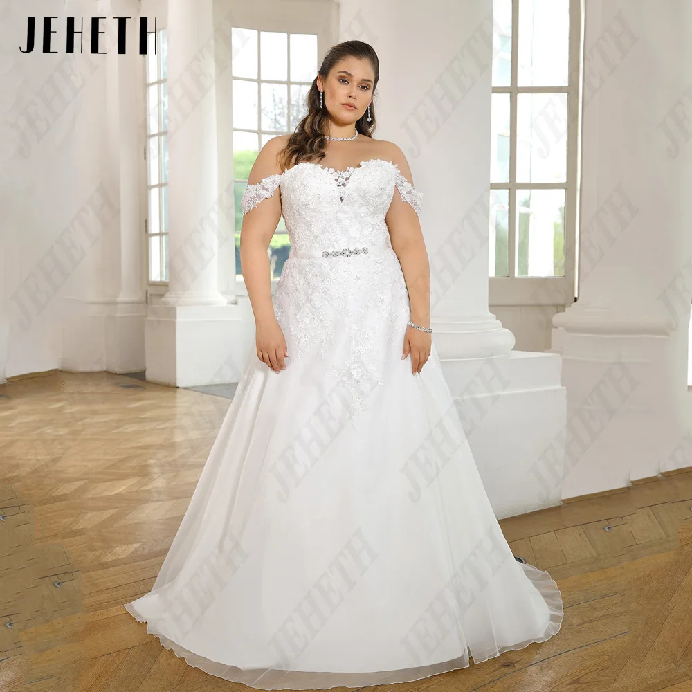 

JEHETH Modern Off Shoulder Wedding Dress Sweetheart Lace Up Bride Gowns Plus Size Applique Tulle A-Line vestidos de novia