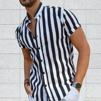 men shirt stripe contrast color stand collar single breasted summer top for work