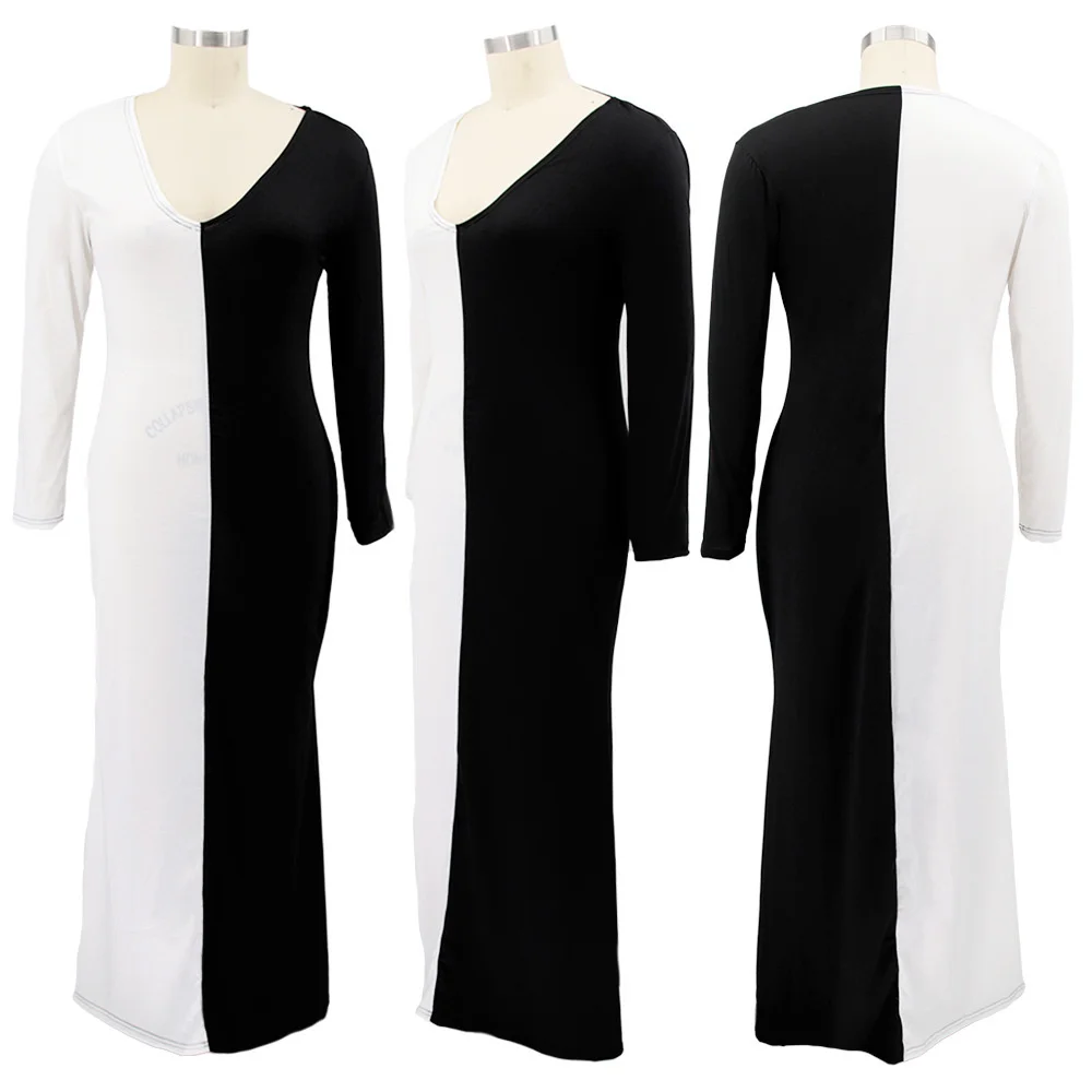 Plus Size Women's Slim Sexy v Neck Long Sleeves Color Blocking Floor Length Casual Dresses Wholesal 3xl 4xl 5xl 6xl