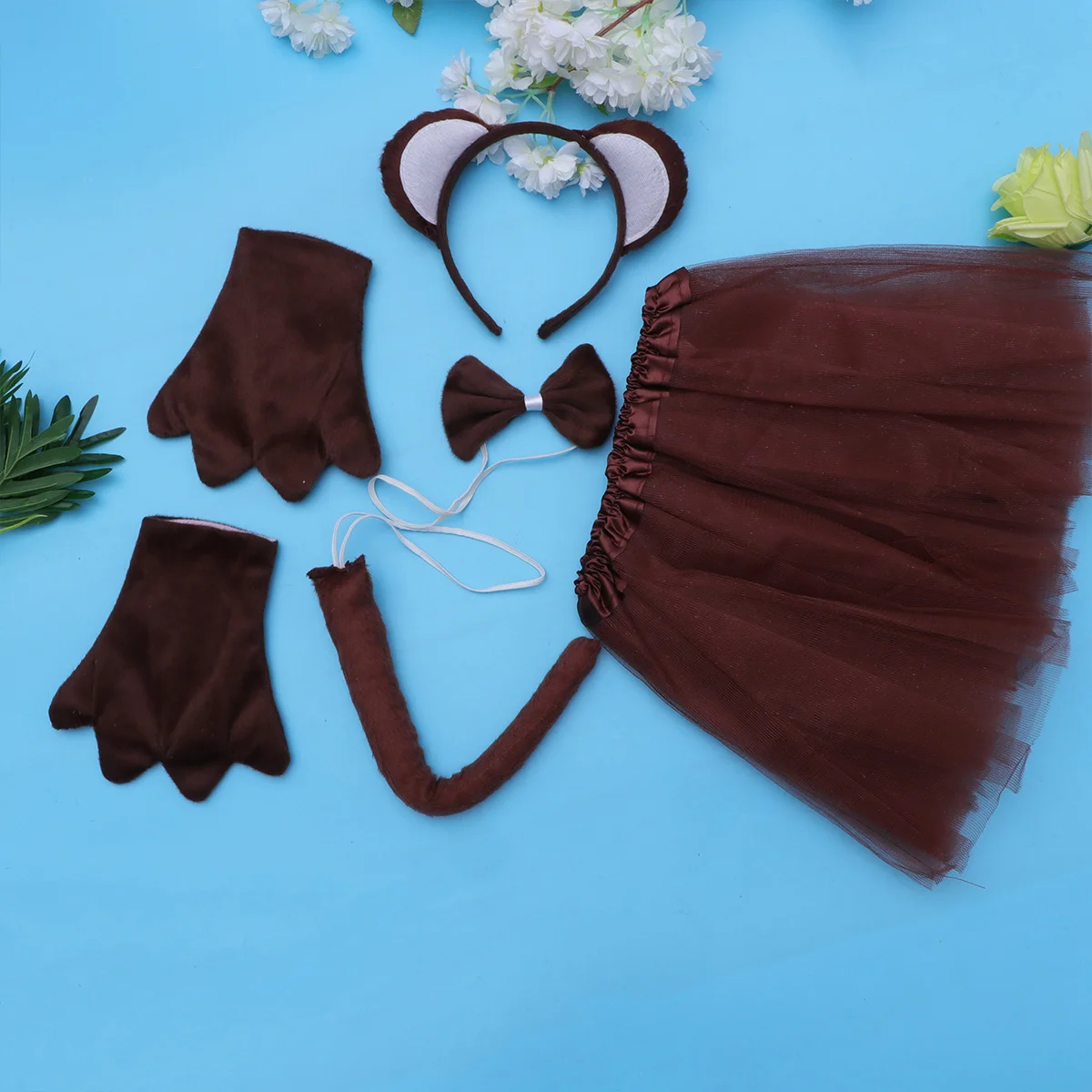 5pcs in 1 Set Creative Animal Monkey Cosplay Costume Headband Bow Tie Paws Gloves Tail Mesh Skirt Kids Performance Stage Hal