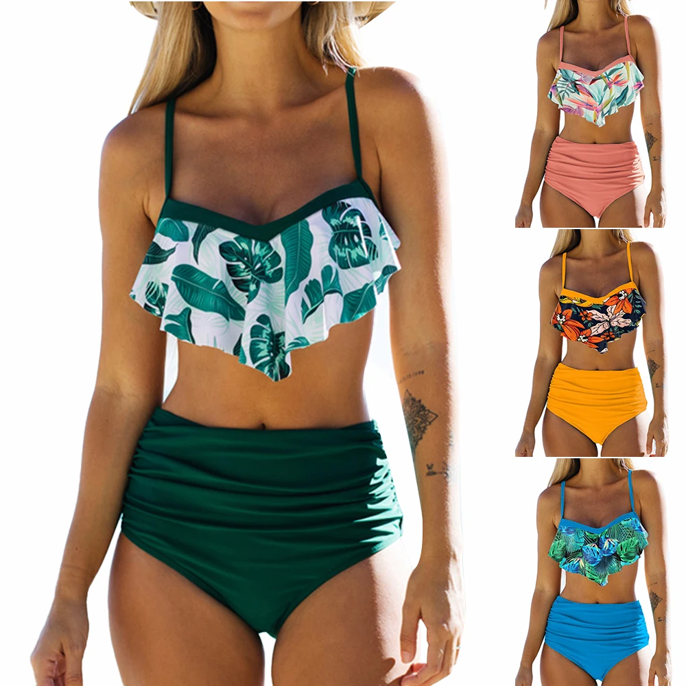 

Womens Floral Printed Swimsuit High Waisted Ruched Bikini Set Lace-Up Beachwear Swimwear Ladies Summer Casual Swimming Costumn
