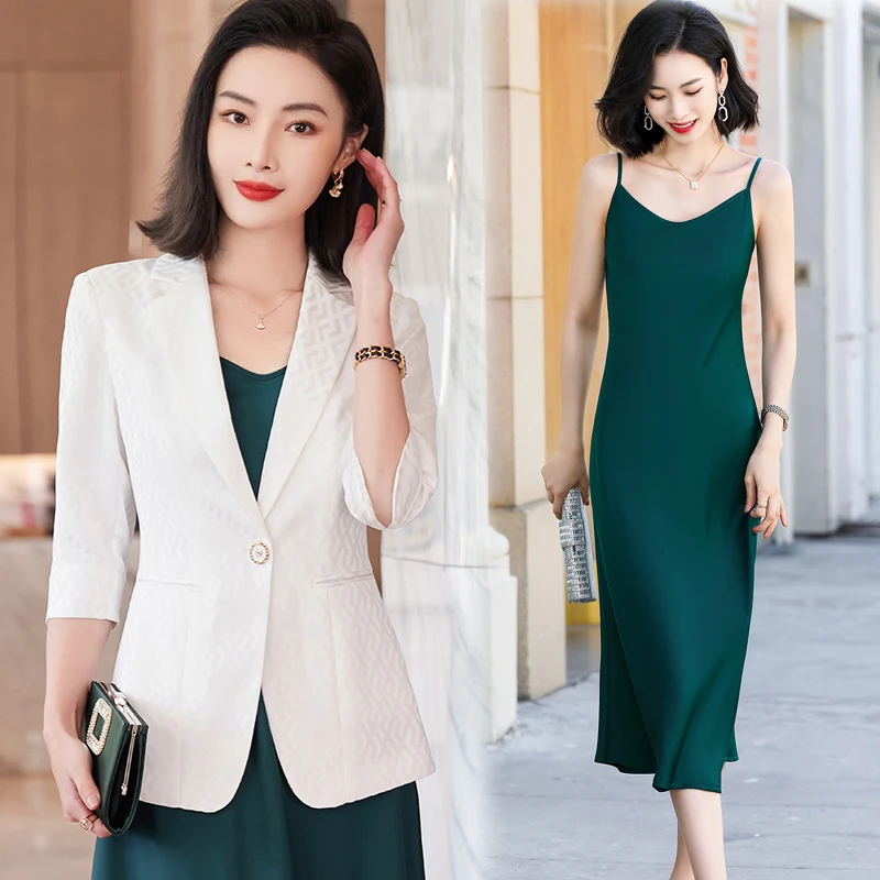 High Quality 2023 Summer Suit Jacket Suspenders Dress Two-piece Women's Office Professional Wear Korean Casual Blazers Skirt Set