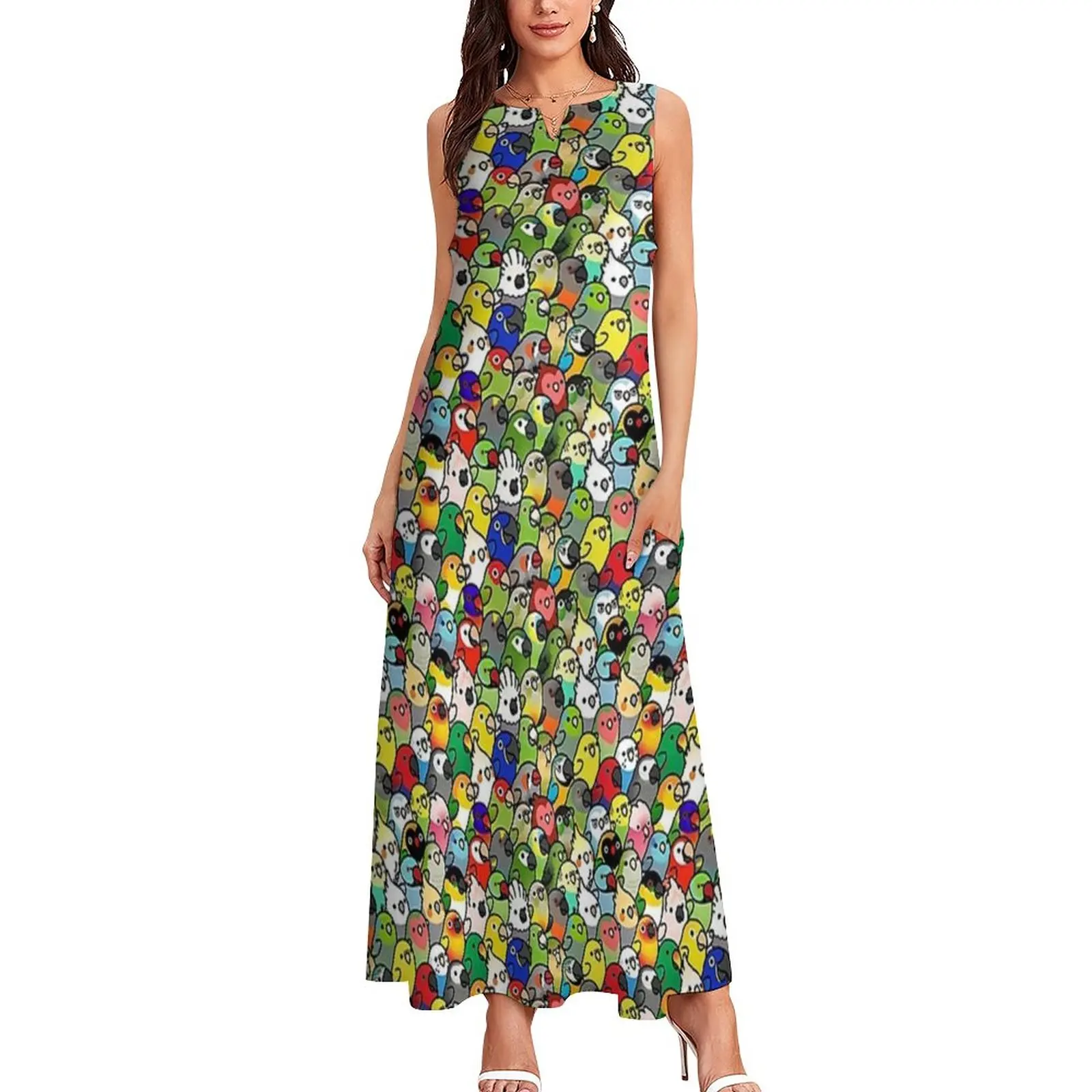 

Too Many Birds Dress Fun Cockatoo Elegant Maxi Dress Street Wear Boho Beach Long Dresses Women V Neck Pattern Oversize Vestido