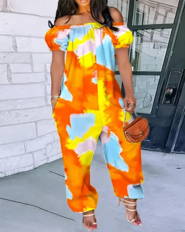 

Tie Dye Print Off Shoulder Cuffed Jumpsuit women summer 2022 new fashion