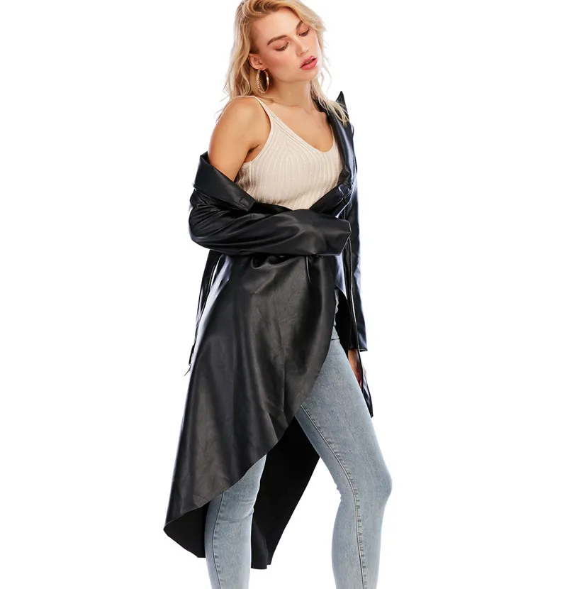 LXUNYI Ruffles Patchwork  Ladies Leather Coat Autumn 2022 Personality Asymmetry Long Sleeve celebrity Catwalk Fashionable Dress