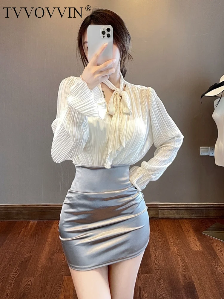 

OL Elegant V TVVOVVIN Neck Flare Sleeve Chiffon Thin Shirt Hot Sexy Korean Women Secretary Fashion Blouse Tops 2022 QN3N