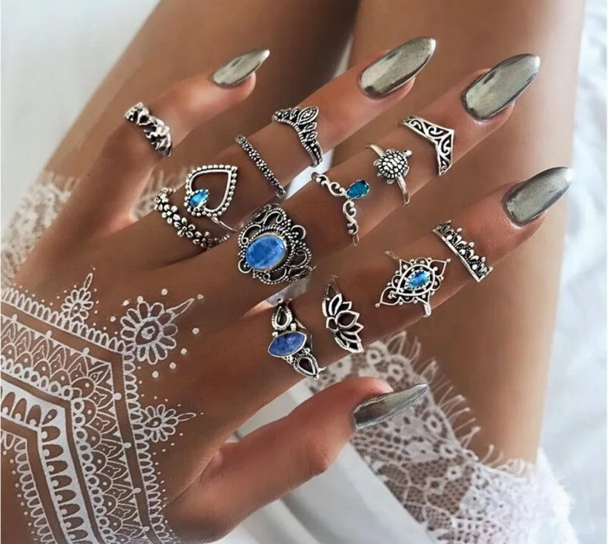 

New RoseL 13pcs Retro Joint Ring hollow chain flower Knuckle rings Set