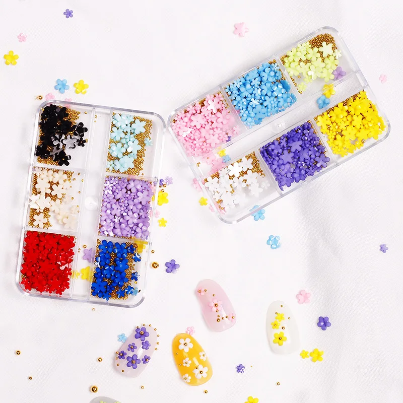 

3D Flower Nail Charms Purple Blue Resin Flowers with Pearl Golden Metal Beads Acrylic Nails Accessories 6 Grids Rhinestones