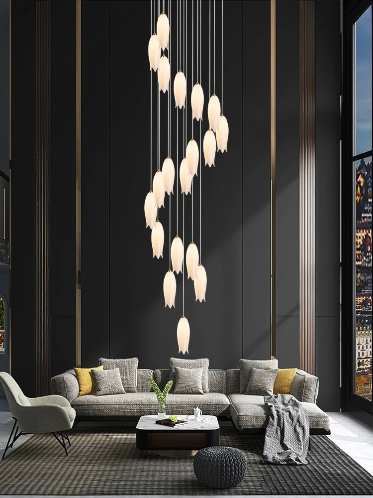 

Staircase Hotel Lobby Living Room Ceiling Mounted Pendant Light Ceramic Petal Led Spiral Chandelier Villa Attic Ceiling Lamps