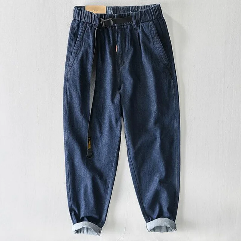 Men Jeans Cargo Pants Cotton Male Elastic Waist Cargo Pants Sashes Casual Mid Waist Loose Fit Trouser