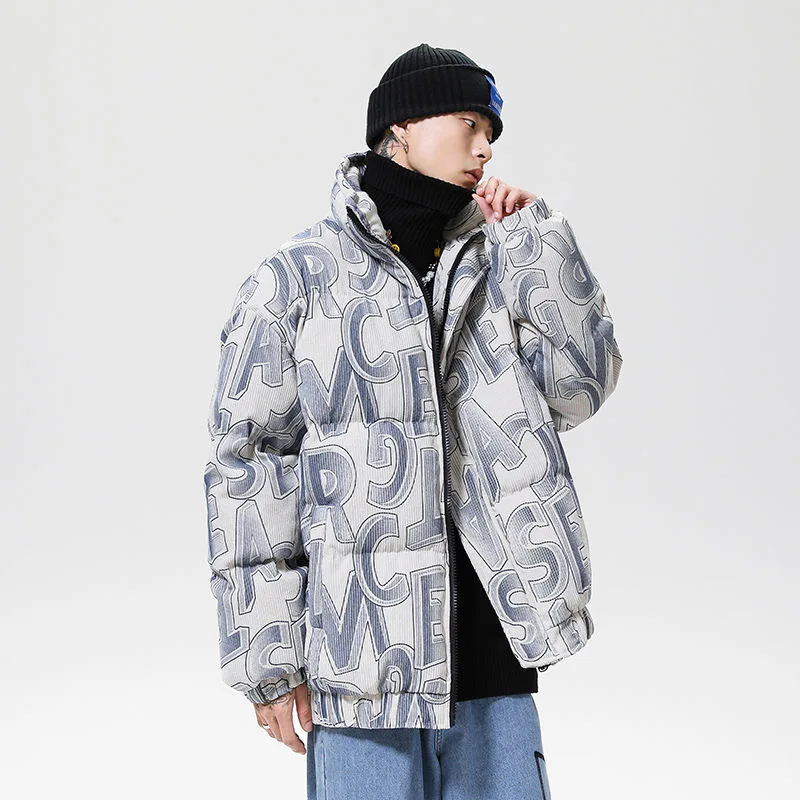 Corduroy padded jacket letter graffiti thickened cotton coat men's winter new loose bread coat coat loose tide brand all-match