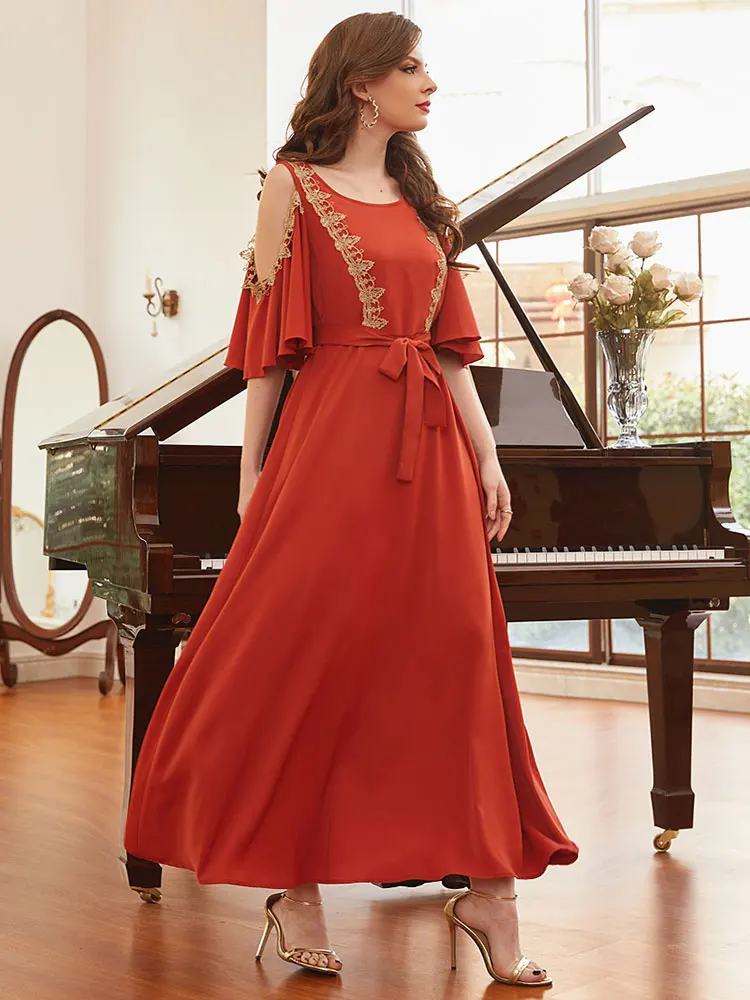 

Arabian Evening Kaftan Long Dress Women Off Shoulder Short Sleeve Muslim Dubai Party Dresses with Belt Gulf Saudi Abaya 2022