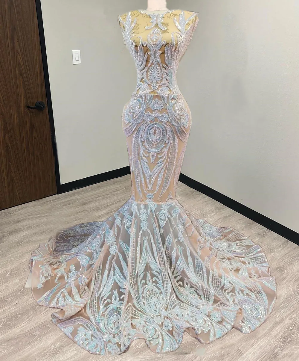 

Sparkly Sequin African Black Girl Long Luxury Prom Dresses 2023 Exquisite Sleeveless Mermaid Party Prom Gowns