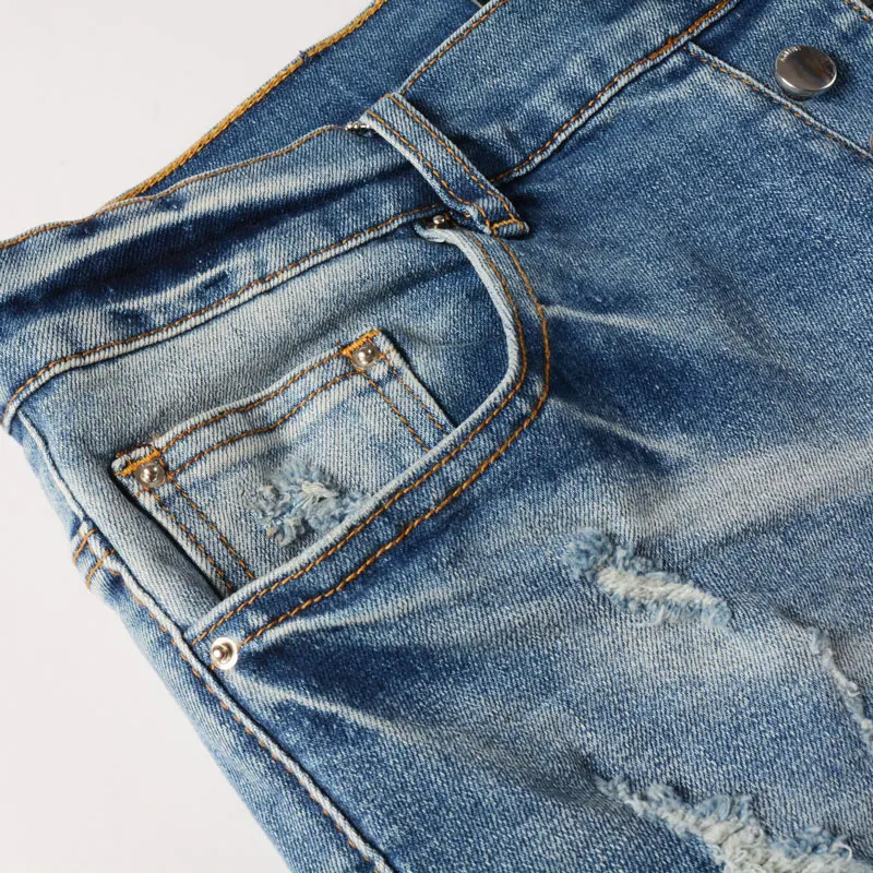 High Street Fashion Men Jeans Retro Light Blue Stretch Skinny Ripped Jeans Men Brand Patch Designer Hip Hop Denim Pants Hombre